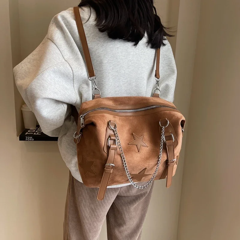 Autumn Winter Vintage Backpack Bag for Women Stars Pattern Design Frosted Leather Dual Straps Commuter Shoulder Crossbody Bag