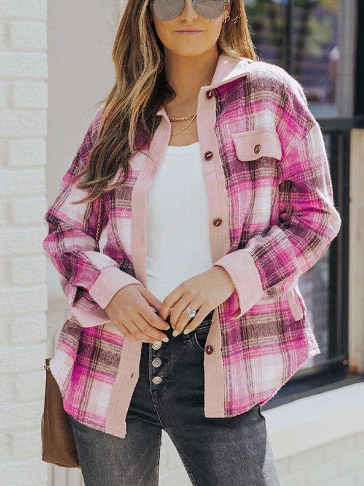 

Gypsylady Plaid Casual Chic Shirt Blouses Pink Loose Autumn Spring Long Sleeve Women Pockets Ladies Boyfriend Shirt Tops Blusas