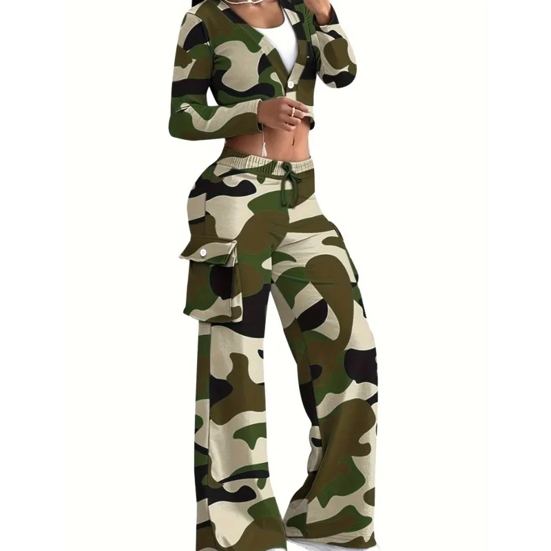 

Женские брюки с камуфляжным принтом, комплект из двух предметов, Топ с длинным рукавом, пуговицами и V-образным вырезом, коп с карманами и эластичным поясом, костюмы из 2 предметов