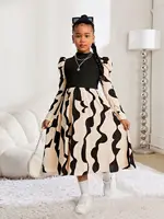 Robe géométrique à manches longues bouffantes pour fille, robe de princesse ample, élégante, vintage, décontractée, pour l'automne, pour 8 à 12 ans 1