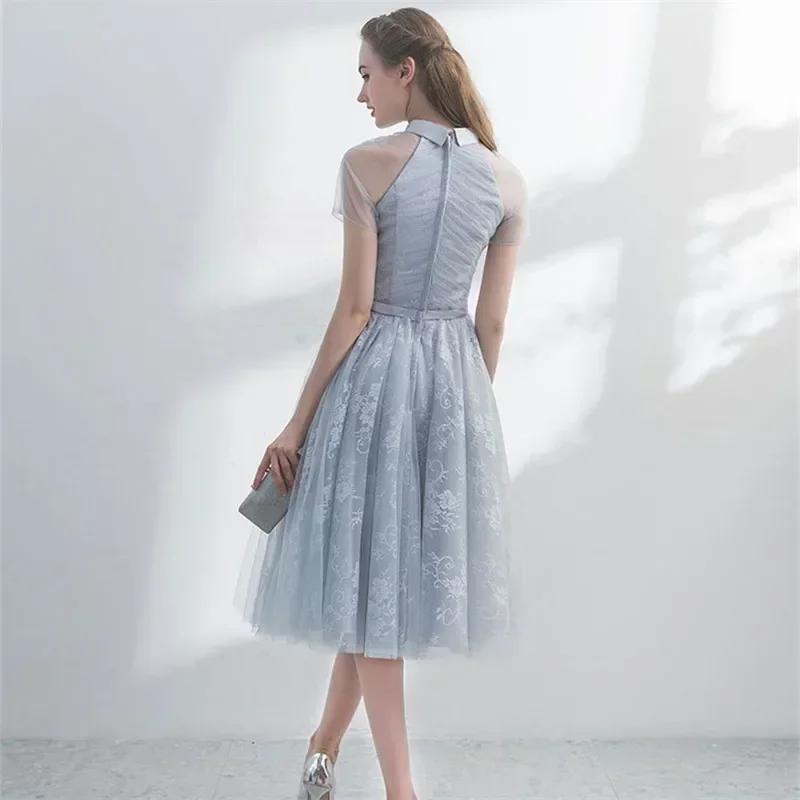 It's YiiYa Customization Cocktail Gown Gray Short Sleeve Embroidery A-line Knee Length Zipper Plus size Women Party Formal Dress
