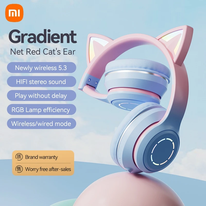 

Xiaomi розовые наушники с градиентом кошачьи уши светодиодные светящиеся наушники с микрофоном для кавайных девочек детский телефон MP3 HiFi стерео музыка беспроводные наушники
