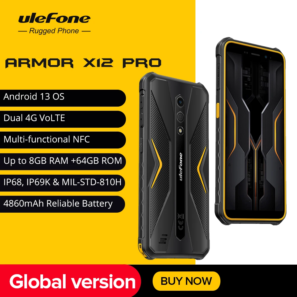 Защищенный водонепроницаемый смартфон Ulefone Armor X12 Pro, Android 13, 8 ГБ + 64 ГБ, 4860 мАч, 13 МП, 5,45 дюйма, искусственная кожа, 4G