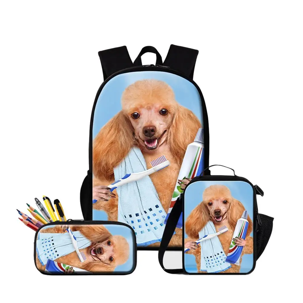 Pug Dog Printing School Backpack With Pencil Case Lunch Bag 3PCS/Set Bookbag For Girls 16 Inch Schoolbag Food Bag For Student