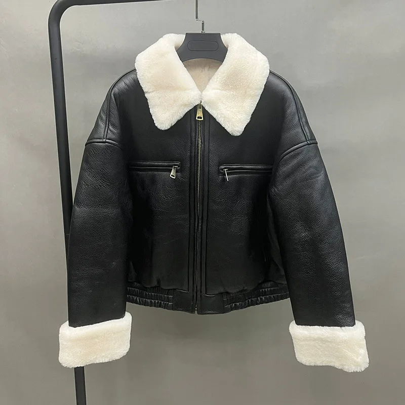 

New 2023 Women's Short Real Shearling Coat Genuine Lambskin Leather Coat Warm Real Wool Winter Double Face Jacket MH5898L