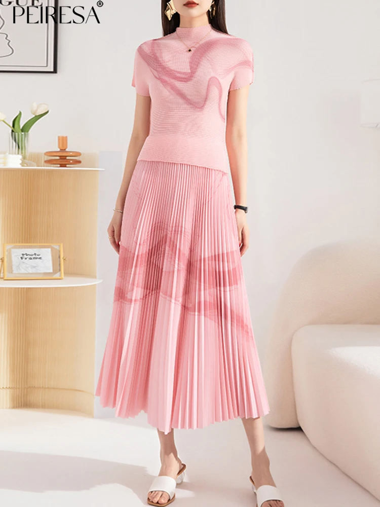 

PEIRESA Miyake Printed Pleated 2 Piece Set For Women Summer Stand Collar Short Sleeve Tops High Waist With Elastic A Line Skirt