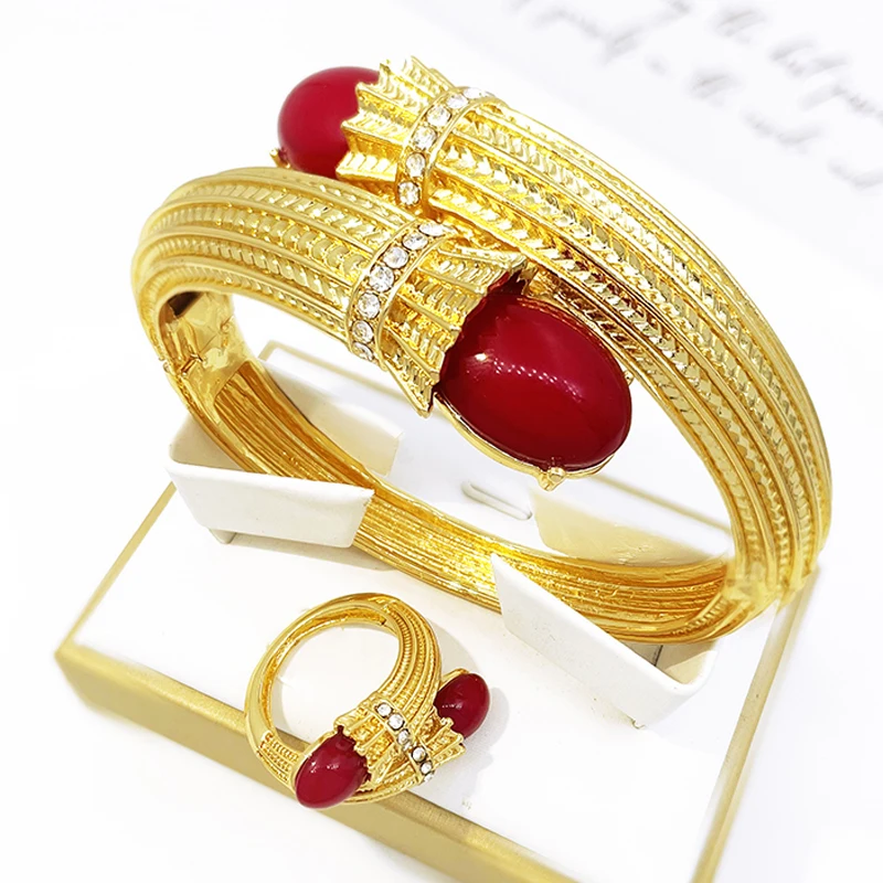 

Women Bracelet With Rings Set Gold Color DubaiCuff Bangle Fashion Jewelry Elegant Wedding Party Accessories Gift Free Shipping