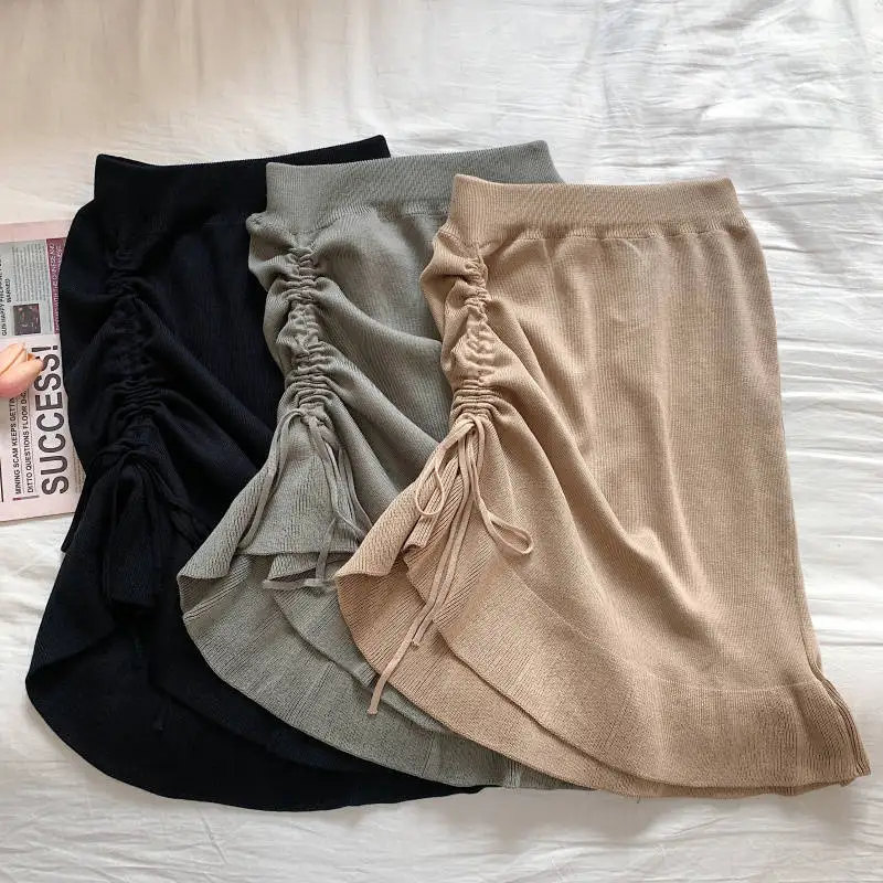 short skirt Korean Irregular Ruffles Drawstring Women Skirts High Waist High Waist Slim Knitted Faldas Mujer Vintage Streetwear Mini Skirt black pleated skirt