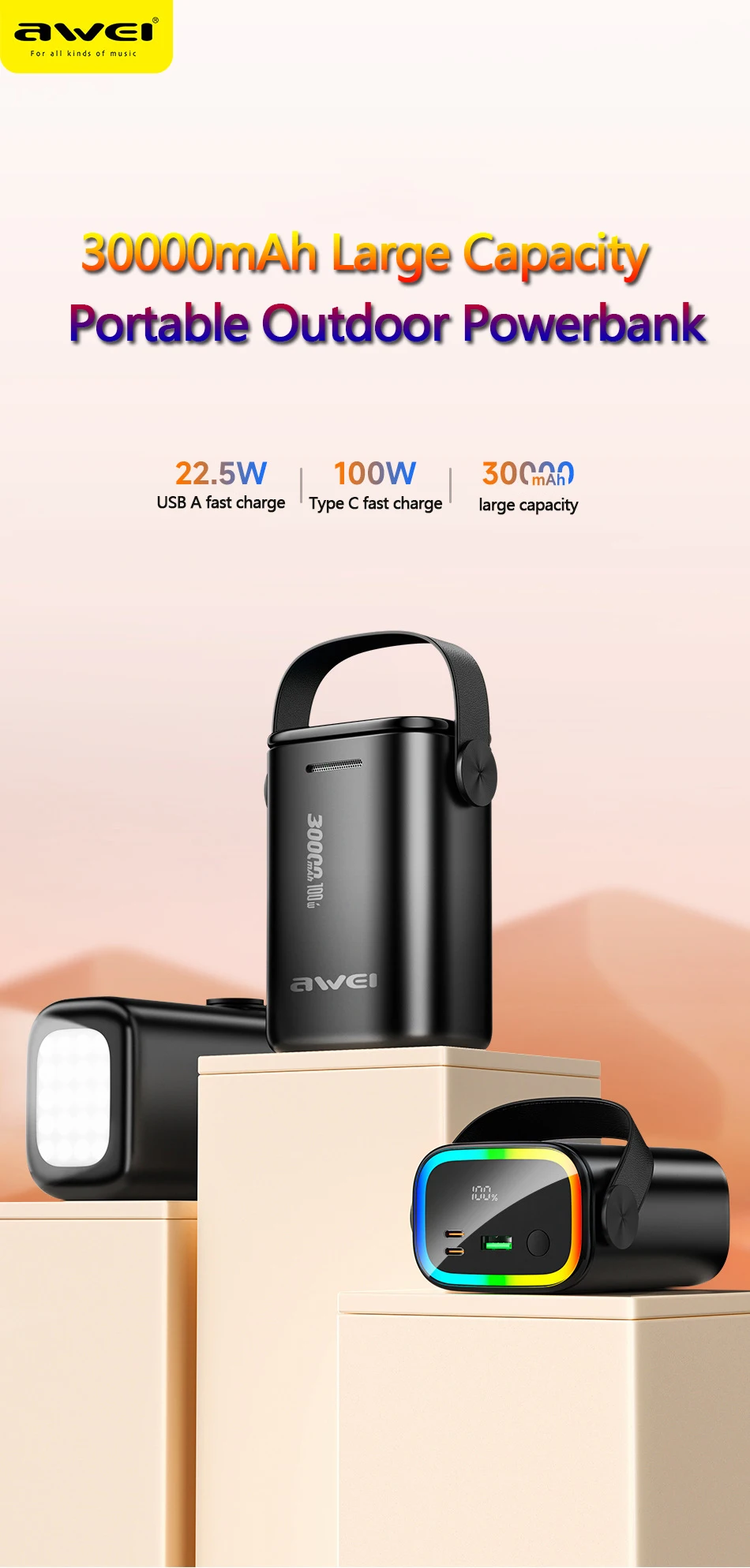 Awei P15K PD 100W Powerful Power Bank 30000mAh description image