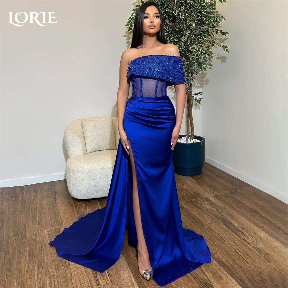 

LORIE Royal Blue Mermaid Evening Dresses Glitter Off Shoulder One Sleeves Prom Dress Pleats High Side Slit Celebrity Party Gowns