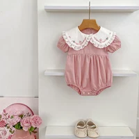 0-24M Newborn Baby Girl Pink Romper Short Sleeve Rompers New Infant Clothes Round Neck Flower Embroidery Bodysuit Newborn Outfit