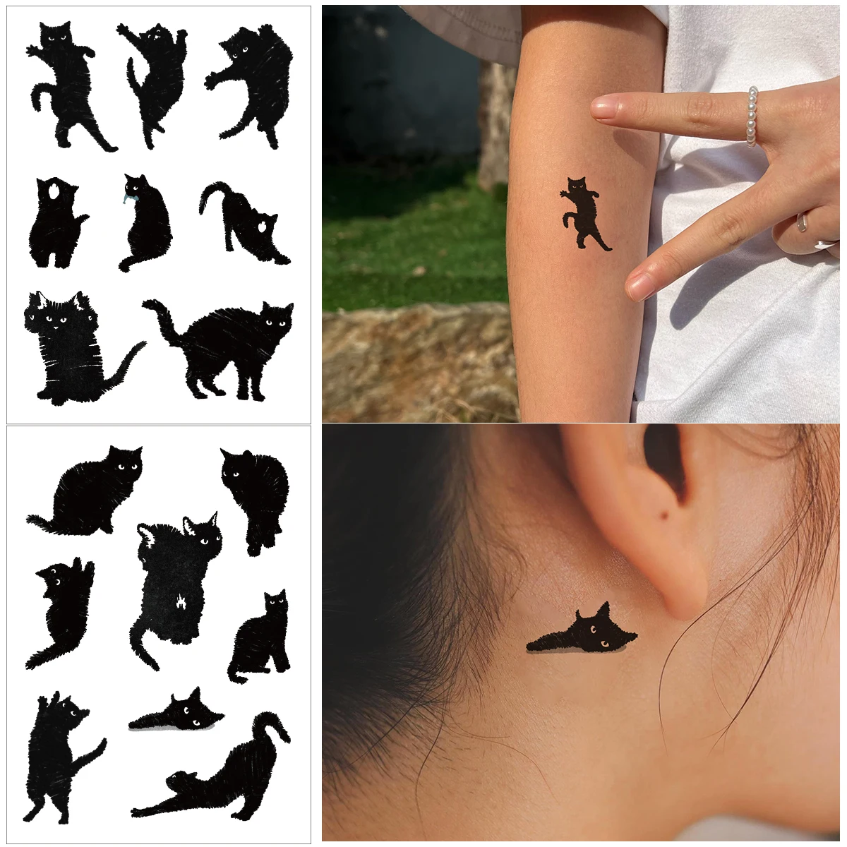 Autocollants de tatouage de chat noir mignon pour femmes et hommes, art de  bras temporaire, faux tatouage étanche, autocollants de dessin animé Kitty,  durable, 2 pièces - AliExpress, image size:1200x1200