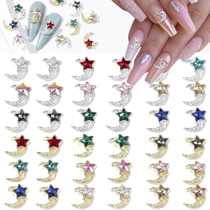

30Pcs Moon Star Nail Charms for Acrylic Nails 3D Pentagram Diamond Crystal Rhinestones Nail Art Decoration Accessories Supplies