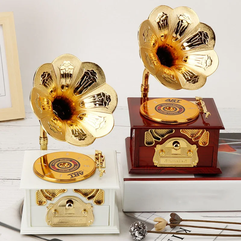 Gramophone Drawer Music Box Figurine Jewelry Box Hand Carousel Music for Home Decoration Wedding Birthday Gift