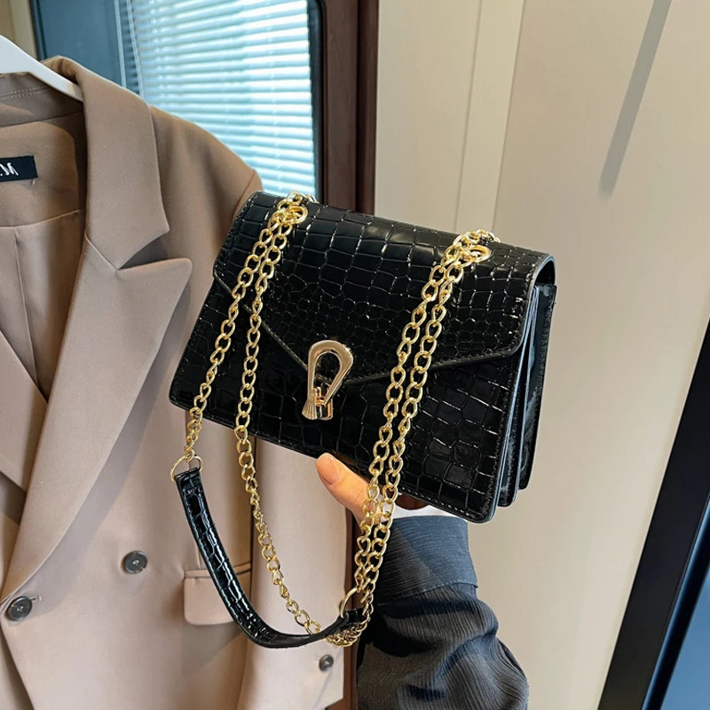 Crocodile Pattern PU Leather Shoulder Chain Bag Luxury Lock Design Crossbody Bag Fashion Trend Shoulder Messenger Bag