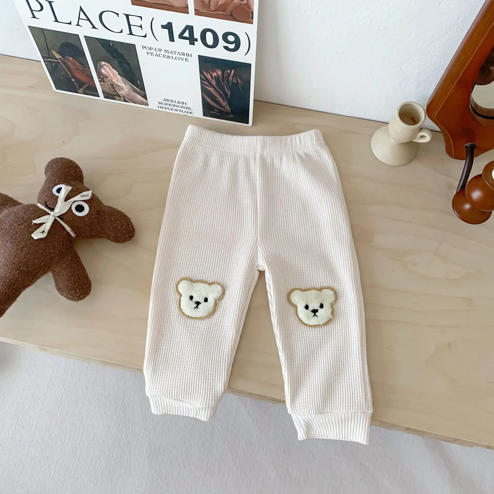 0 to 2 Years Newborn Waffle Baby Boys Girls Bear Pants Cotton Soft Elastic Spring Autumn Kids Harem Pant Trousers 6