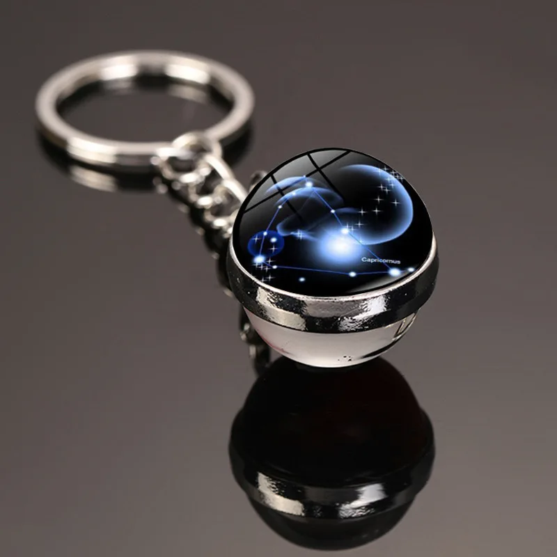 Glass Ball Metal Keychain Time Gemstone Double Sided Constellations Decoration