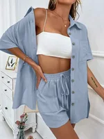 Ensemble haut à simple boutonnage et short à jambes larges pour femmes, manches longues, mode dames, costumes solides Sexy, tenues d'été 2 pièces pour femmes, 2024 4