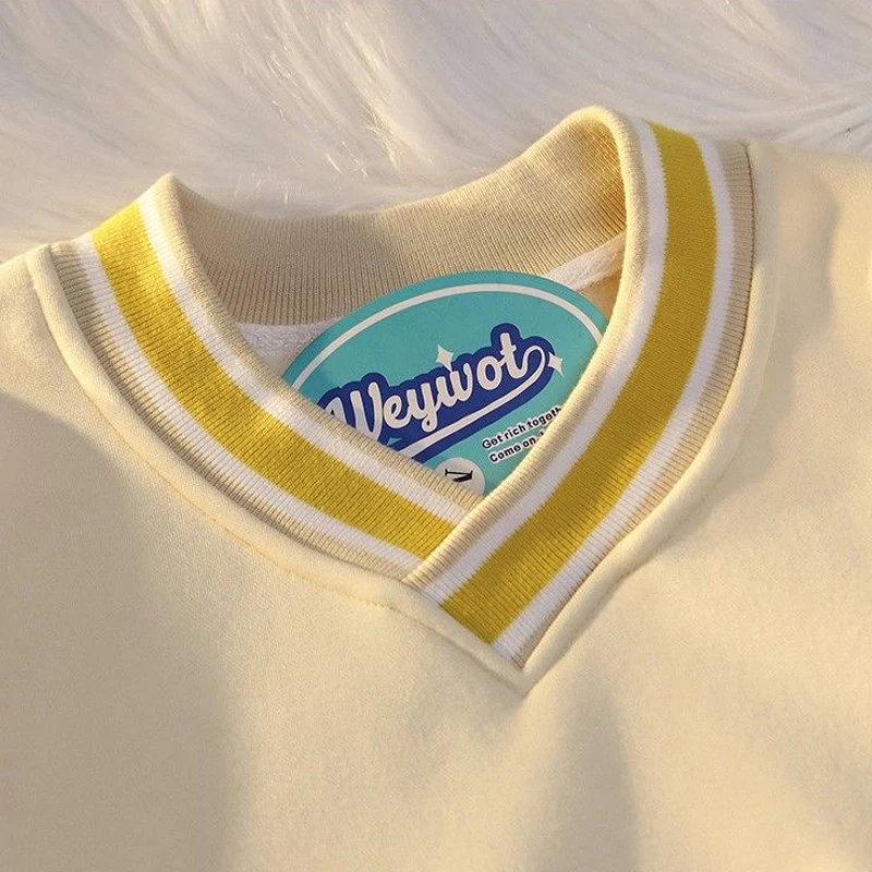 Retro Embroidered Sweatshirt, V-Neck, Loose Letter Shirt, Long-Sleeved Shirt, Plus Size