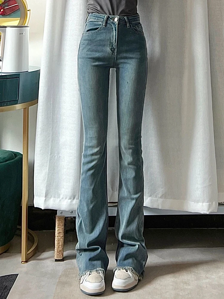 

Womens Blue Tassel High Waist Casual Jeans Vintage Micro Flared Straight Pants Fashion Stretchy Denim Trouser Ladies Summer
