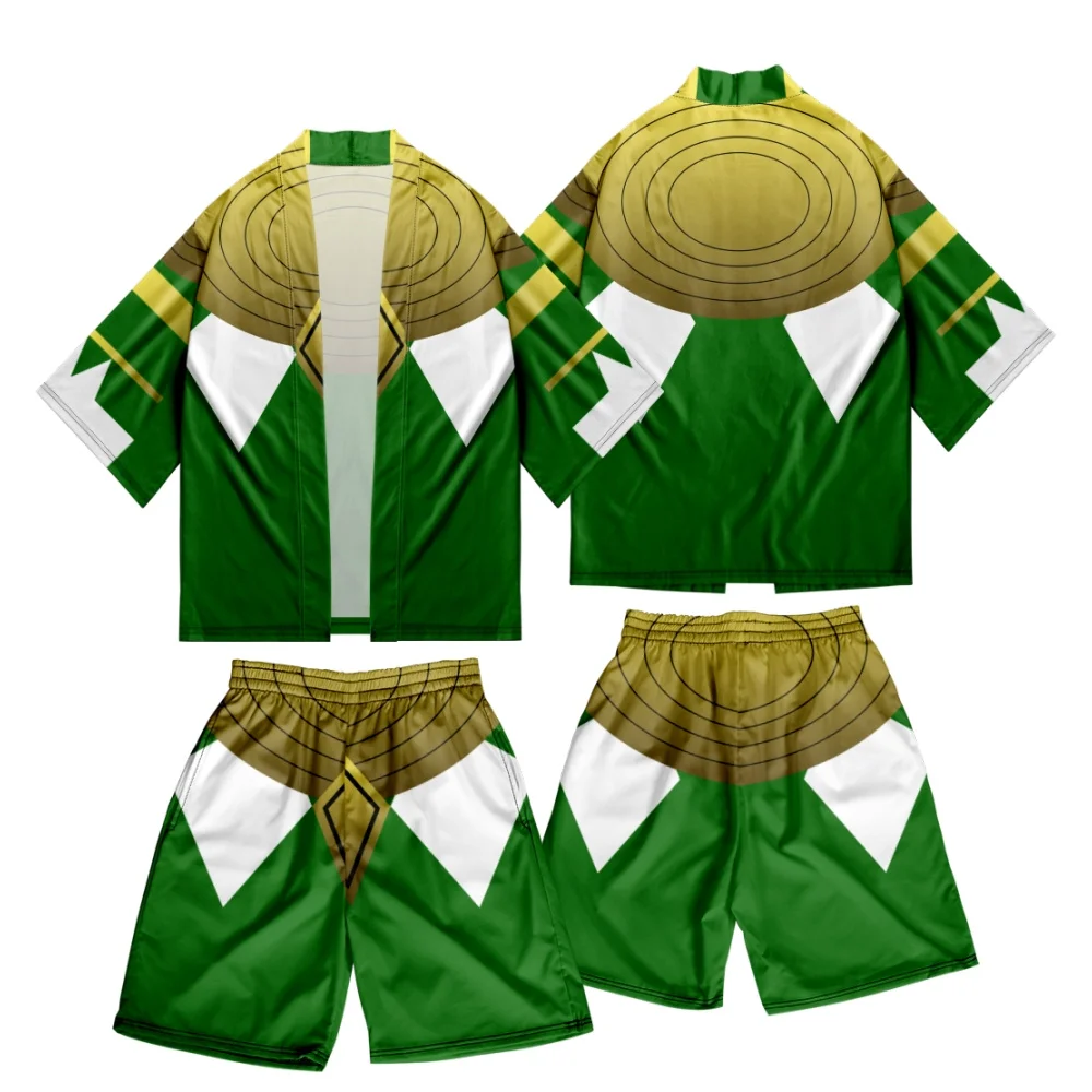 Novelty Two-piece Suit Japanese Cardigan Men Cosplay Mighty Morphin Print Yukata Kimono Shorts Sets Patchwork Asian Traditional