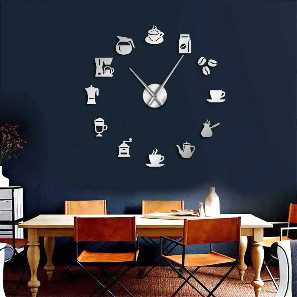 DIY 3D New Modern Design Wall Clock Coffee Cup Shape Acrylic Home Clocks For Kitchen Dinner Room Decor Mirror Silent Horologe