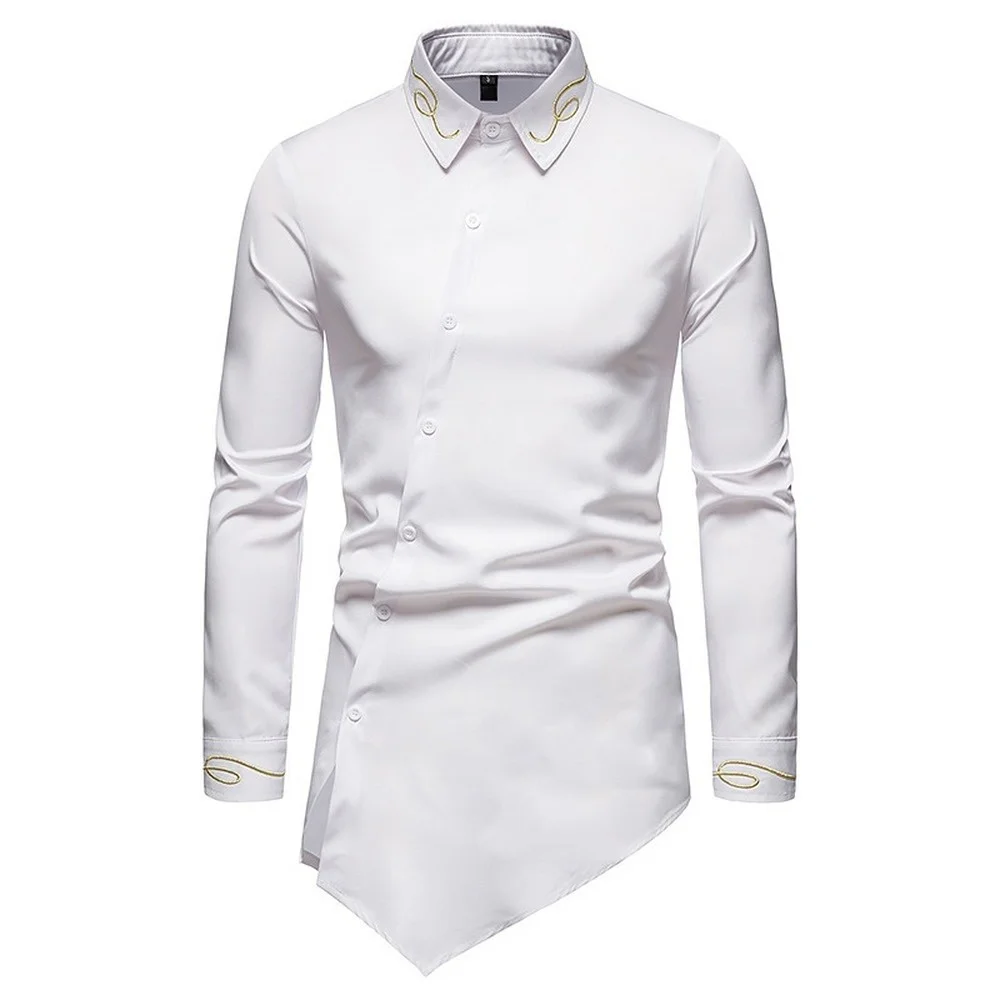 

2023 New Hollow European Size Men's Trend Splicing Asymmetric Long-sleeved Shirt Western Denim Shirt Slim Fit Social Dress