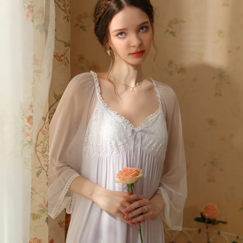 

Spring Autumn Women Sweet Mesh Nightgown Vintage Modal Square Collar Nighty Lace Long Night Dress Romantic Princess Sleepwear