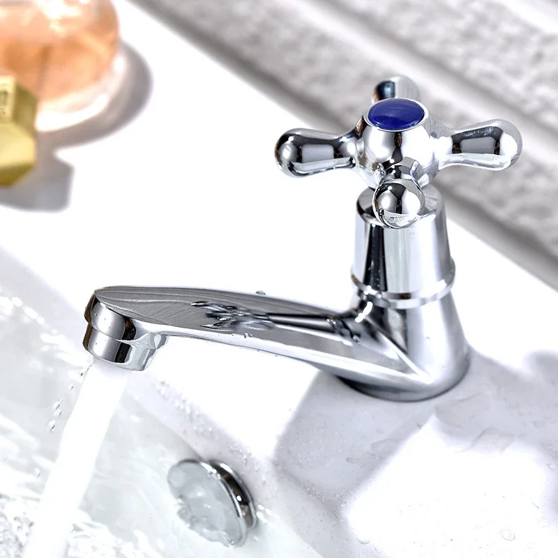 Bathroom Faucet Zinc Alloy Wash Basin Faucet Quick Open Single Cold Water Tap Cross Handle Toilet Corrosion Resistance Sink Tap 2