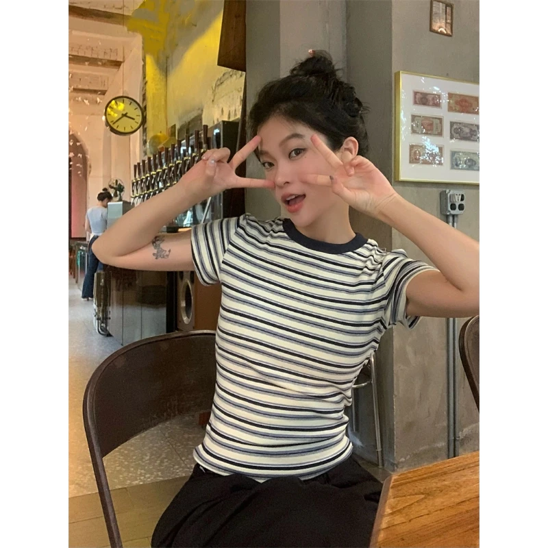Vintage Women Y2K Striped Crop Top T-shirts for Women Slim Casual Short Sleeve Tee Sweet Tops Fashion Clothes 2025 Summer New 5