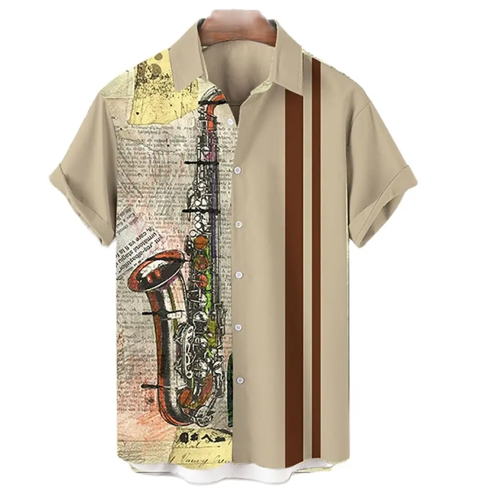 Hawaiian Men's Casual Shirt, Beach Short Sleeve 3D Musical Instrument Print Lapel, Single Button, New Summer 2024 2