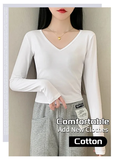 Jersey con cuello en V, camiseta de manga larga, camisa delgada