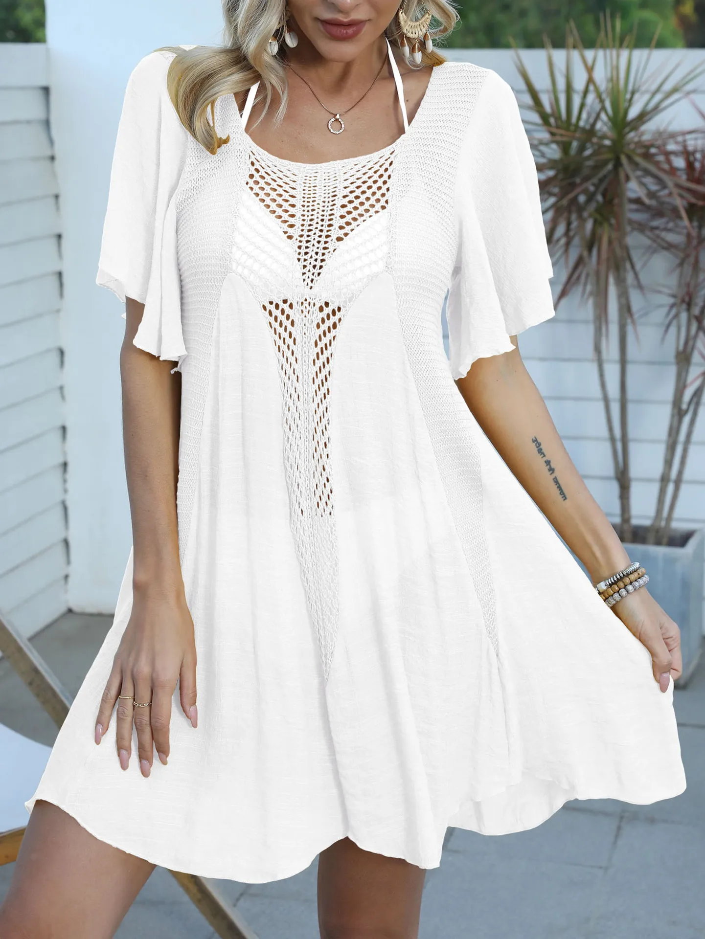 Sexy Knitted Cutout Beach Cover Up Midi Dress Women's Solid Sheer Mesh Tunic Women's Clothing 2024 Summer Dresses