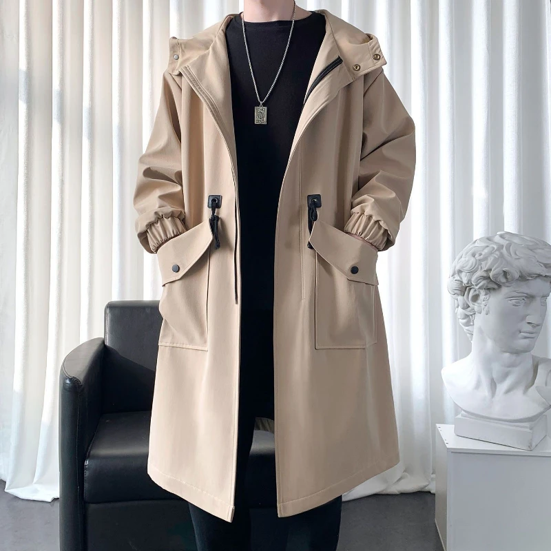Spring Autumn Printing Hooded Long Sleeve Fashion Trench Man High Street Casual Loose Zipper Patchwork Pockets Cardigan