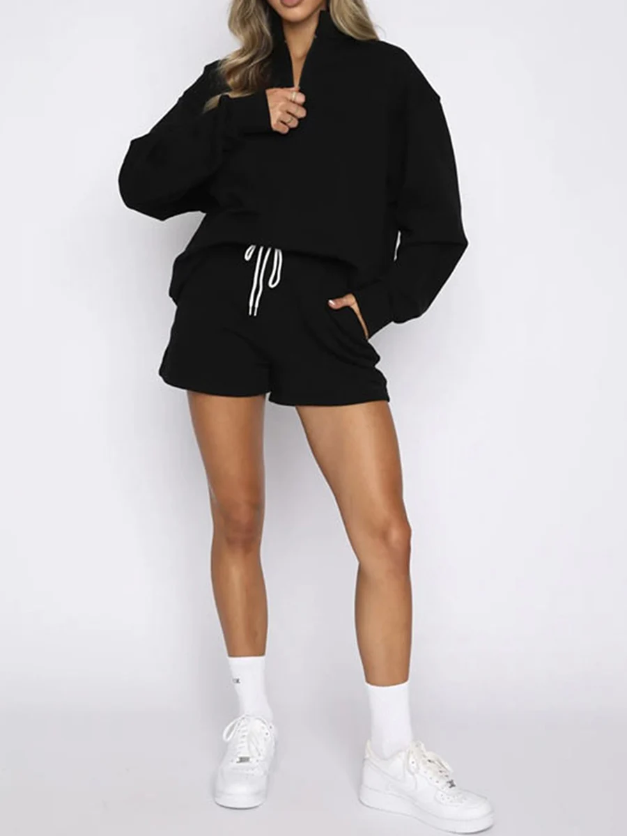 

Women's 2 Piece Jogging Outfits Fashion Long Sleeve Half Zip High Neck Sweatshirt + Shorts Set Loungewear
