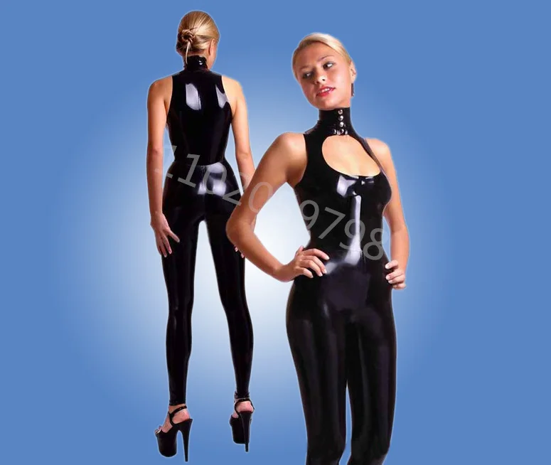 

Резиновый латексный костюм кошки ручной работы с высоким воротником без рукавов с круглым вырезом без молнии