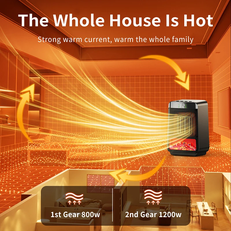 3D Flame Electric Fireplace Heater PTC Ceramic Fast Heating Energy Efficient Quiet Operation Timer for Home Office Decoration