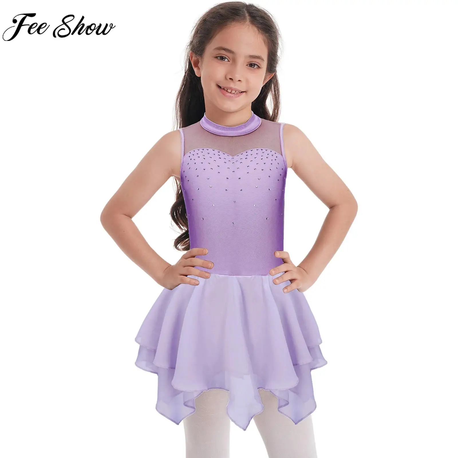 

Kids Girls Figure Skating Ballet Gymnastics Lyrical Dance Dress Sleeveless Rhinestone Mesh Leotard Tutu Performance Dancewear