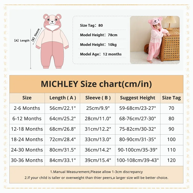 MICHLEY Karnevalsgeschenke Kuh Winter Baby Strampler Cartoon Flanell Kostüm Weicher Jumpsuit Schlafanzug Bodysuit für 2-36 Monate – Detail 5