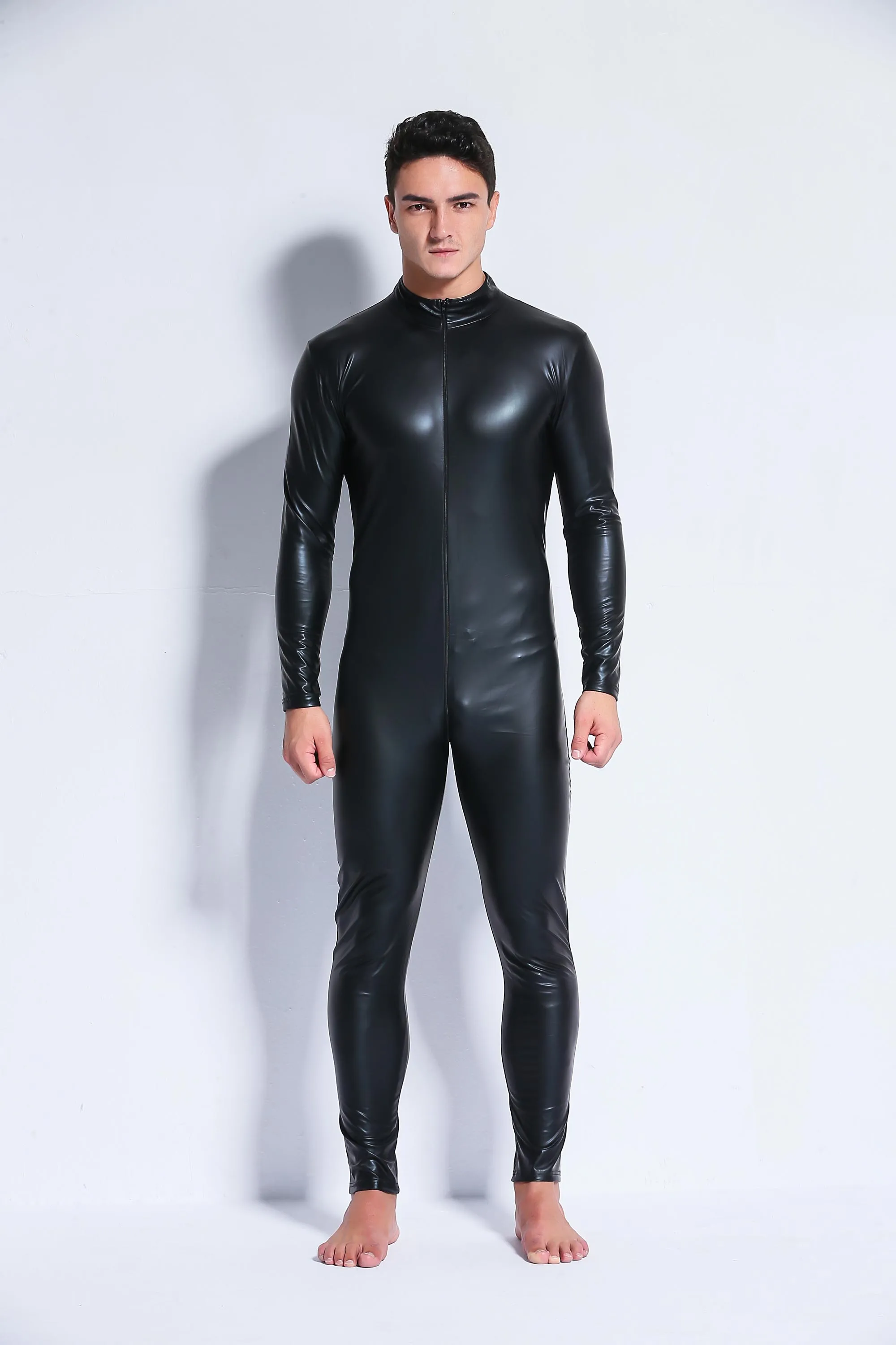 Sexy Men Catsuit Faux Leather Two Way Long Zipper Crotch Bodysuit Night Club Leather Jumpsuit Lingerie Costume 3XL