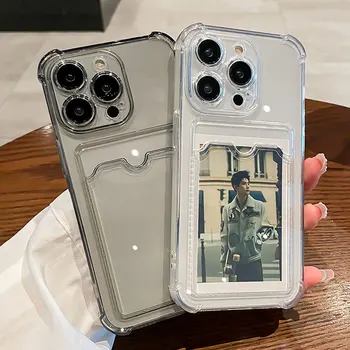 Transparent Card Slot Bag Holder Case For iPhone 16 15 14 13 12 11 Pro X XR XS Max Mini Plus Clear Wallet Shockproof Soft Cover 2