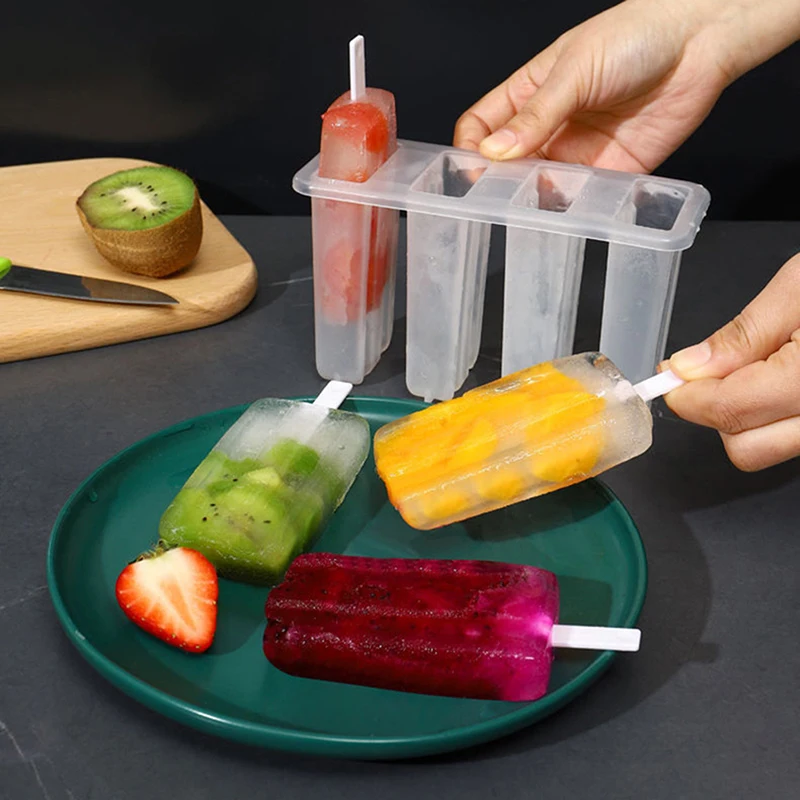 Ice Cream Mold 4 Ice Popsicle Mold Set Maker Tray DIY Reusable with Sticks and Lid Creative Kitchen Tool Summer