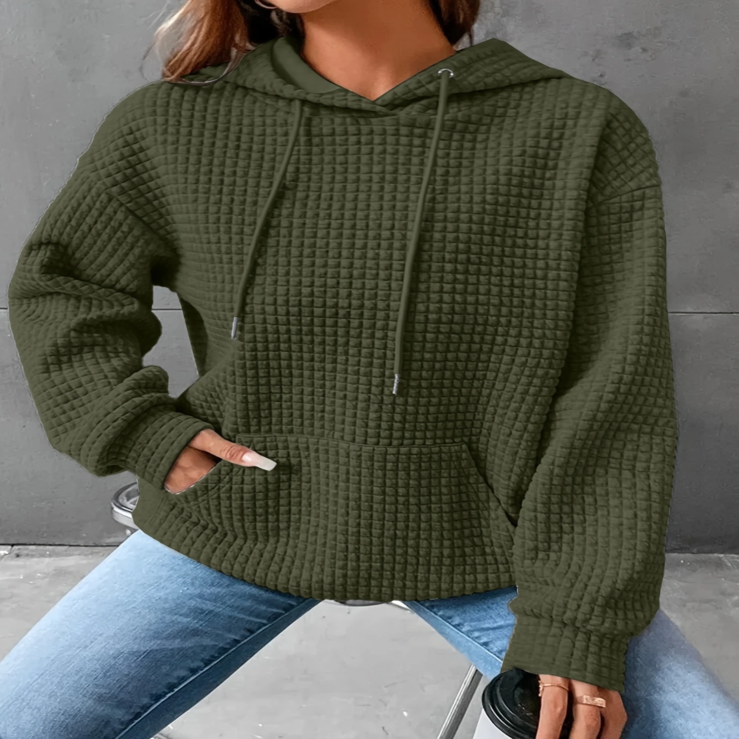 Waffle Grid Kangaroo Pocket Hoodie, Casual Long Sleeve Drawstring Hoodies Sweatshirt, Womens Clothing