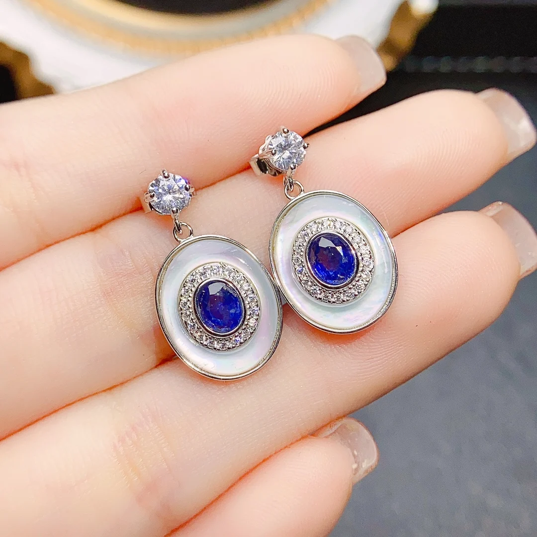 

FS S925 Sterling Silver 4*5 Natural Sapphire Earrings With Certificate Fine Charm Fashion Wedding Jewelry for Women MeiBaPJ