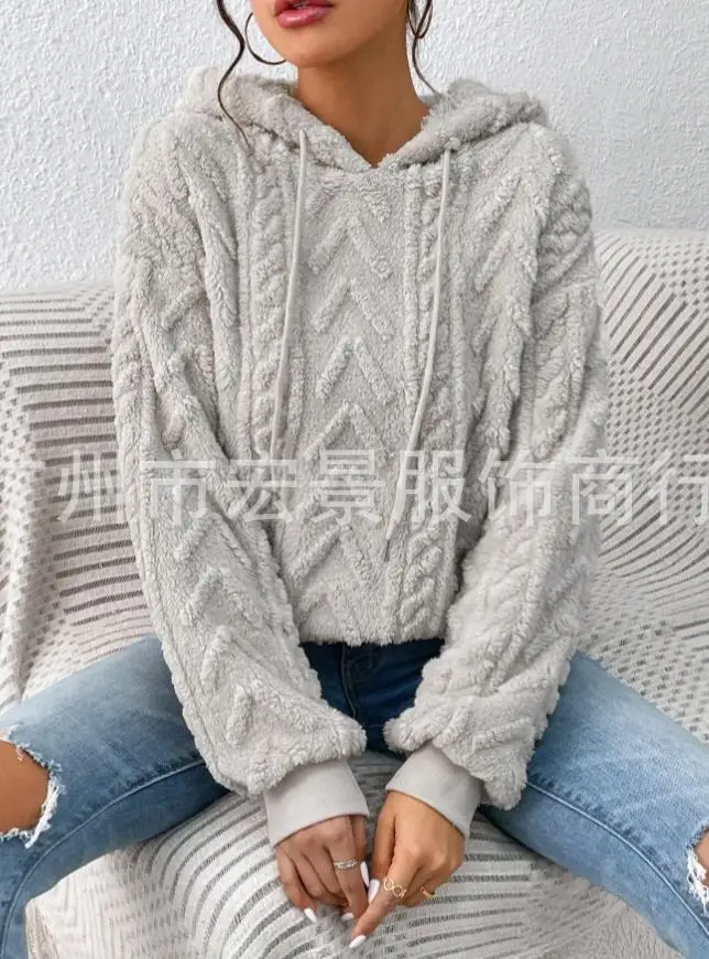 

Women's Sweatshirt 2023 Autumn Fashion Fuzzy Cable Textured Casual Long Sleeve Drawstring Hoodie New Y2K Streetwear Pullovres
