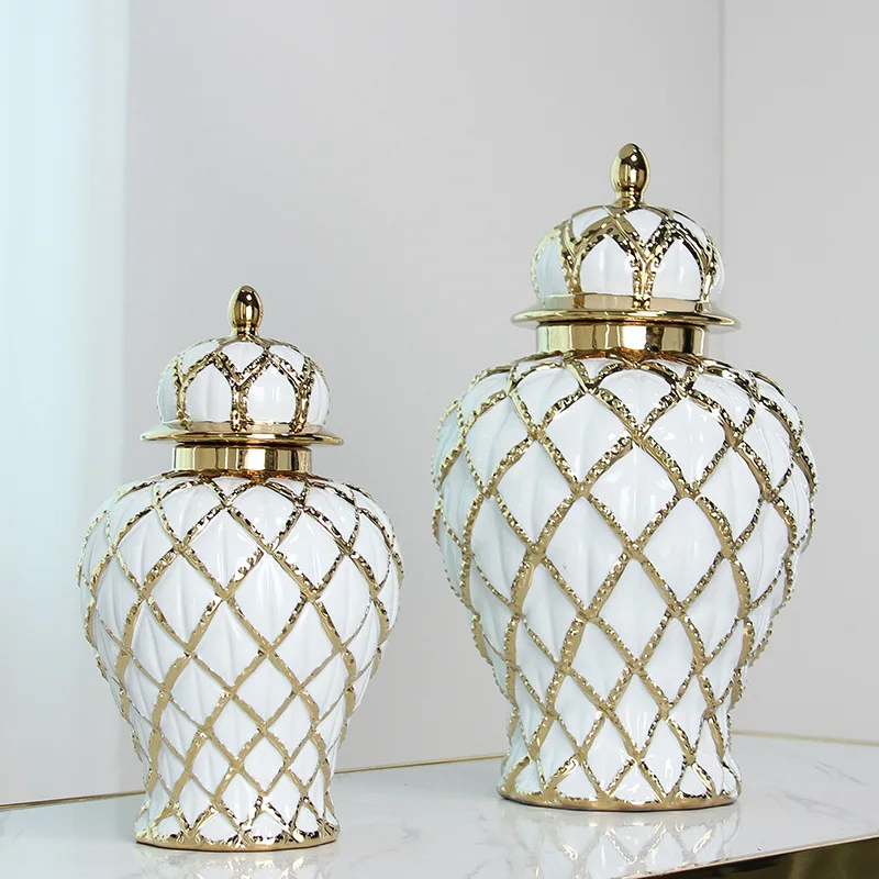 Ceramic Checkmate Jar Gingerbread Jar Gold Storage Tank Flower Vase Porcelain Craftwork Home Decoration Accessories 4