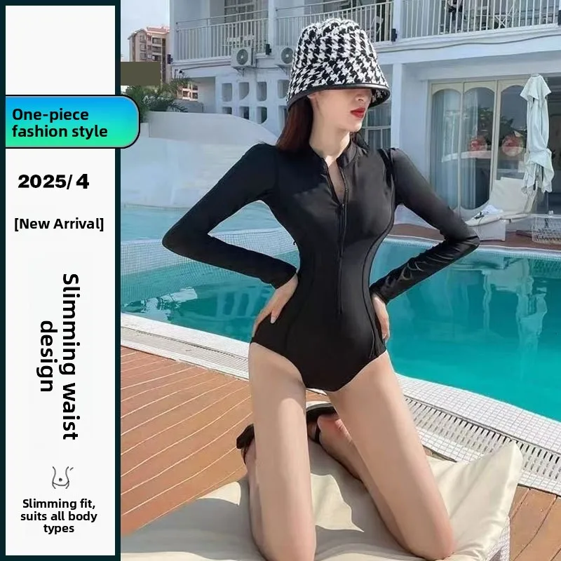 Women's One-Piece Swimsuit High-End Slimming Sunscreen New 2025 Cover-Up Swimming Costume Long Sleeve Surfing Swimwear - 4