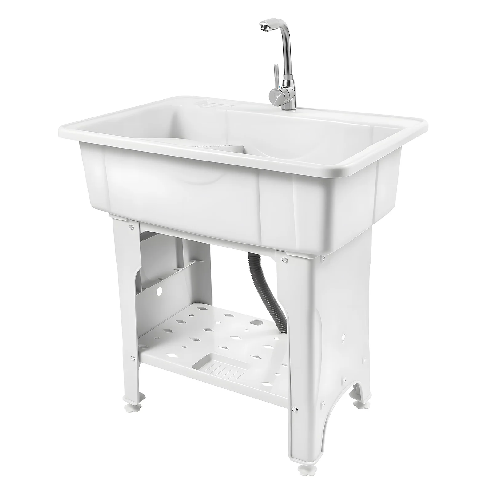 Freestanding Plastic Laundry Sink with Washboard Indoor and Outdoor Utility Sink with Cold and Hot Water Faucet 6
