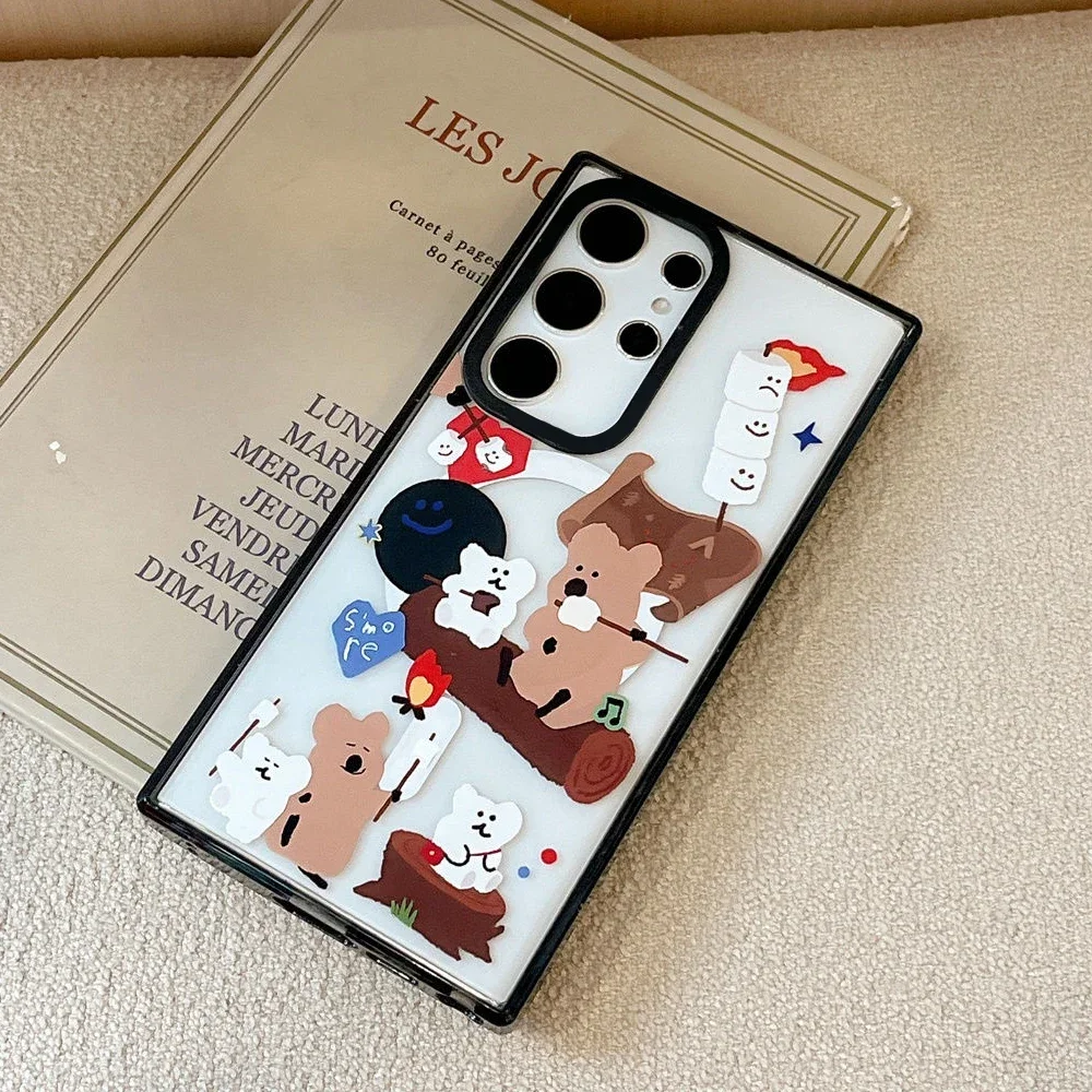 Rabbit Bear MagSafe Acrylic Black Border Magnetic Phone Case for Samsung Galaxy S22U S23 Ultra S24 Ultra Cover Protective Shell