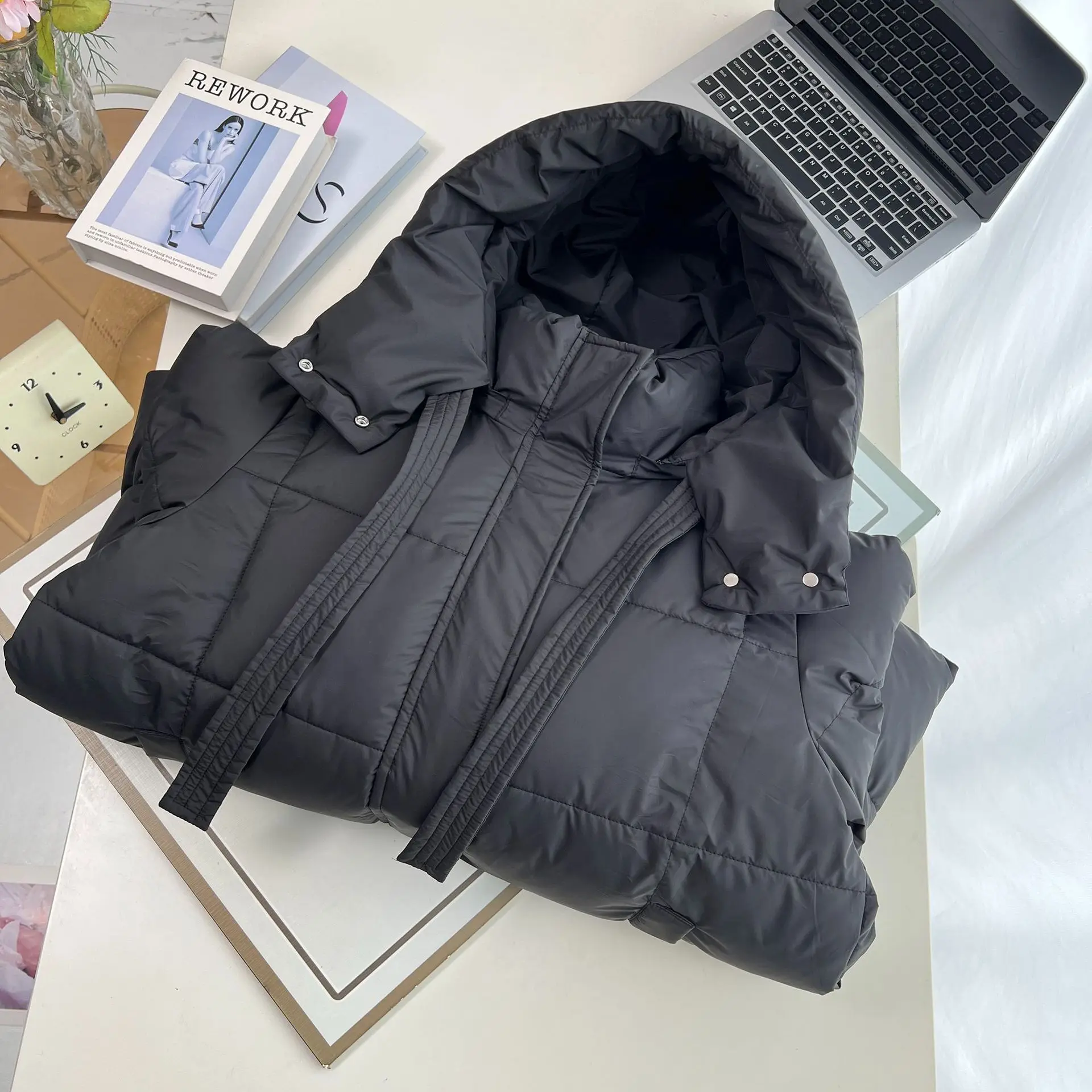 XXXXXL Fashion Plus Size Women's Parkas Winter New Simple Ribbon Hooded Padded Jacket Thicken mid-length Warm Coats 6882